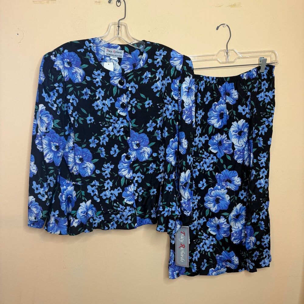 NWT vintage Tracy Richards 16 petite 2 piece blouse & skirt set floral blue - Picture 2 of 9